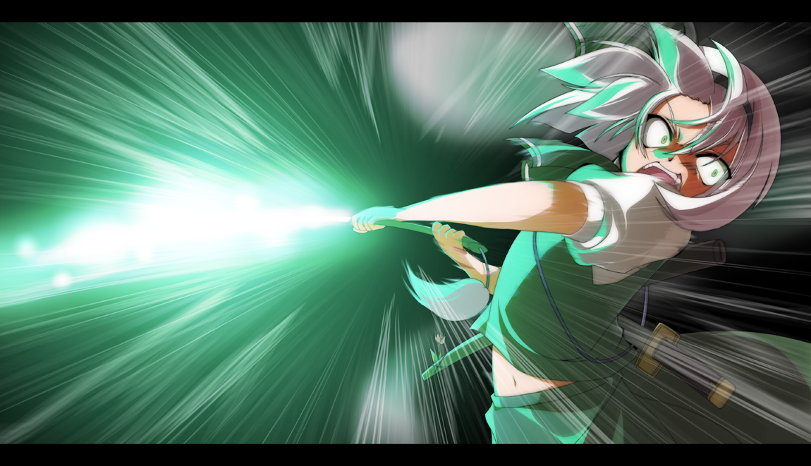 sakurame, konpaku youmu, konpaku youmu (ghost), nintendo, the legend of zelda, the legend of zelda: majora's mask, touhou, bad id, bad pixiv id, 1girl, empty eyes, facepaint, female focus, glowing, glowing sword, glowing weapon, green eyes, hitodama, holding, holding sword, holding weapon, letterboxed, looking at viewer, parody, puffy short sleeves, puffy sleeves, short sleeves, solo, sword, weapon, white hair