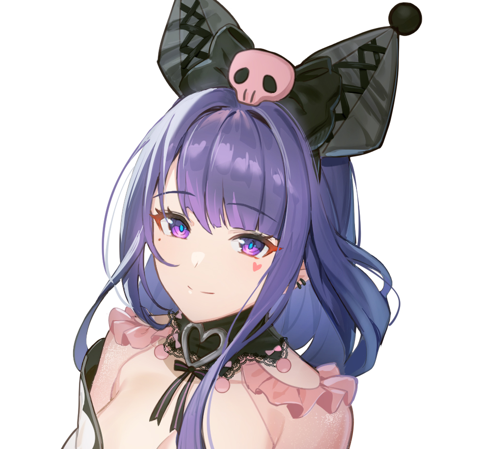 chibi vanille, kuromi, raiden shogun, genshin impact, sanrio, commentary request, 1girl, alternate costume, blue pupils, blunt bangs, breasts, cleavage, closed mouth, clothing cutout, cosplay, detached collar, ear piercing, eyeliner, facial tattoo, hair intakes, head tilt, headpiece, heart, heart tattoo, japanese clothes, kimono, kuromi (cosplay), large breasts, light smile, long hair, looking at viewer, makeup, mole, mole under eye, multicolored eyes, off shoulder, piercing, purple eyes, purple hair, red eyeliner, see-through clothes, see-through sleeves, shoulder cutout, simple background, solo, tattoo, upper body, white background, white kimono
