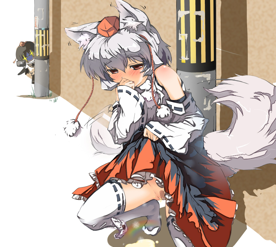 aruru no zaki, inubashiri momiji, shameimaru aya, touhou, + +, 2girls, animal ears, bandaid, bandaid on pussy, bare shoulders, blush, camera, clothes lift, detached sleeves, female focus, hand up, hat, multiple girls, outdoors, panties, panties around leg, pee, peeing, peeking, rainbow, red eyes, skirt, skirt lift, squatting, tail, tail wagging, thighhighs, tokin hat, underwear, white hair, wolf ears, wolf tail