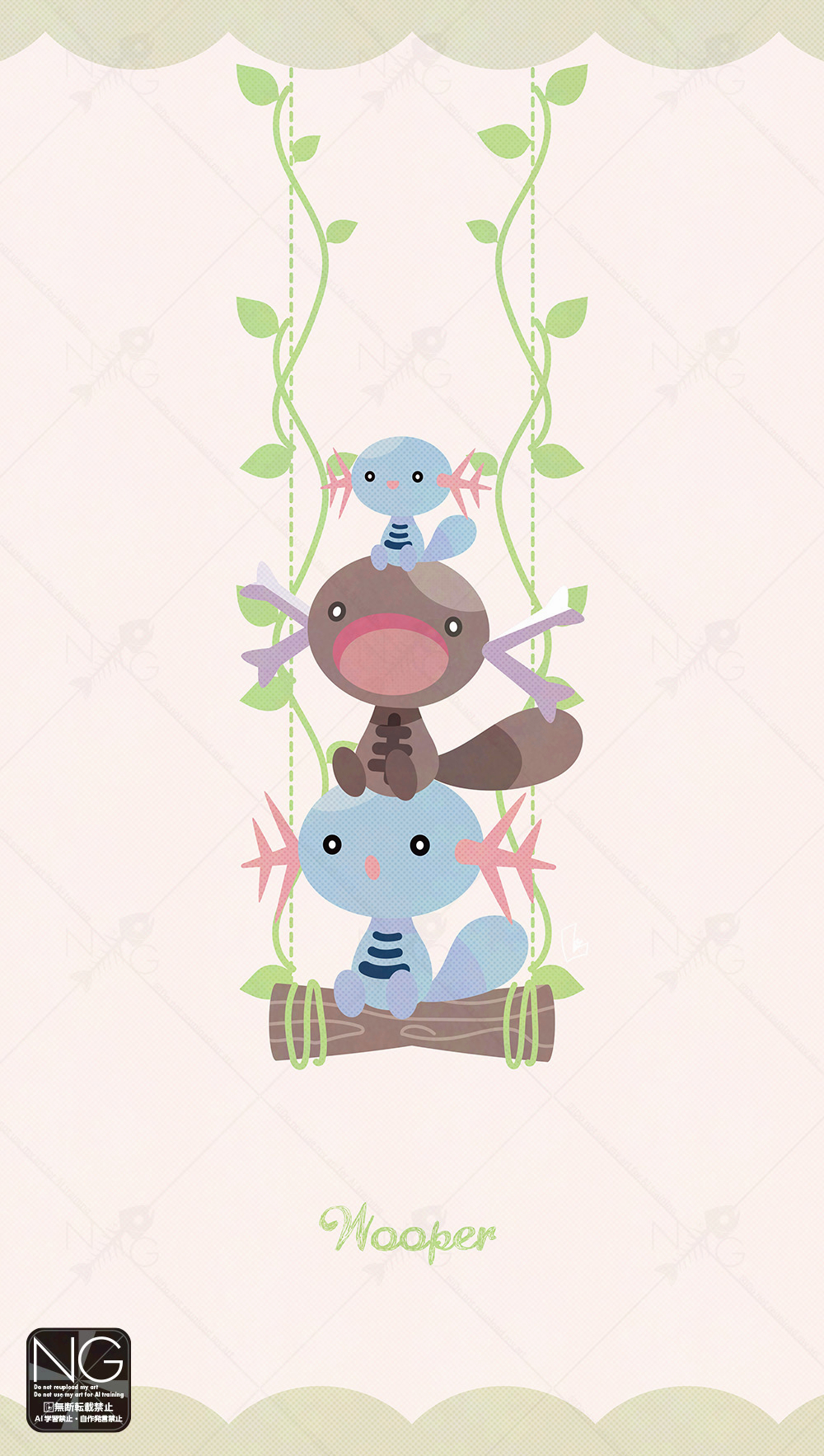 meme (sleepsheep), paldean wooper, wooper, nintendo, pokemon, highres, animal focus, gen 2 pokemon, no humans, on head, on swing, open mouth, pokemon (creature), pokemon focus, pokemon on head, regional and normal, swing, tail