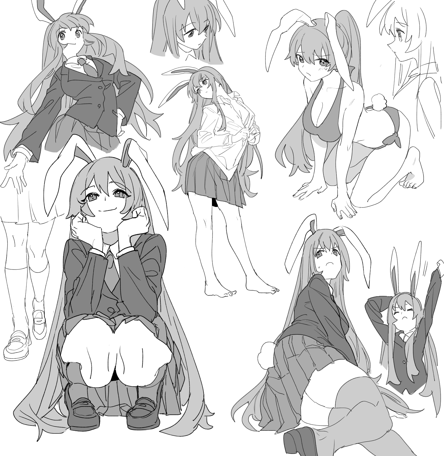 mero (starfish jcs), reisen udongein inaba, touhou, commentary request, highres, 1girl, alternate costume, animal ears, arms up, barefoot, bikini, blazer, breasts, cleavage, closed eyes, closed mouth, collared shirt, greyscale, jacket, kneehighs, long hair, looking at viewer, monochrome, multiple views, necktie, pleated skirt, rabbit ears, rabbit girl, shirt, skirt, smile, socks, squatting, stretching, sweatdrop, swimsuit, thighhighs, toes, very long hair
