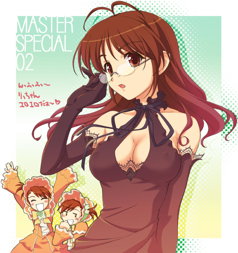 akino takehiko, akizuki ritsuko, futami ami, futami mami, idolmaster, idolmaster (classic), idolmaster 1, 00s, 3girls, :d, :o, ^ ^, adjusting eyewear, antenna hair, arm at side, arms up, bare shoulders, black dress, black gloves, black ribbon, blush, breasts, brown eyes, brown hair, cleavage, cleavage cutout, clenched hand, clenched teeth, closed eyes, clothing cutout, covered erect nipples, dress, elbow gloves, female focus, formal clothes, glasses, gloves, gradient background, grin, hair down, halterneck, hand up, happy, large breasts, long hair, long sleeves, looking at viewer, matching hair/eyes, multiple girls, neck, open mouth, orange dress, ribbon, short hair, siblings, side ponytail, sisters, smile, standing, teeth, twins, wide sleeves