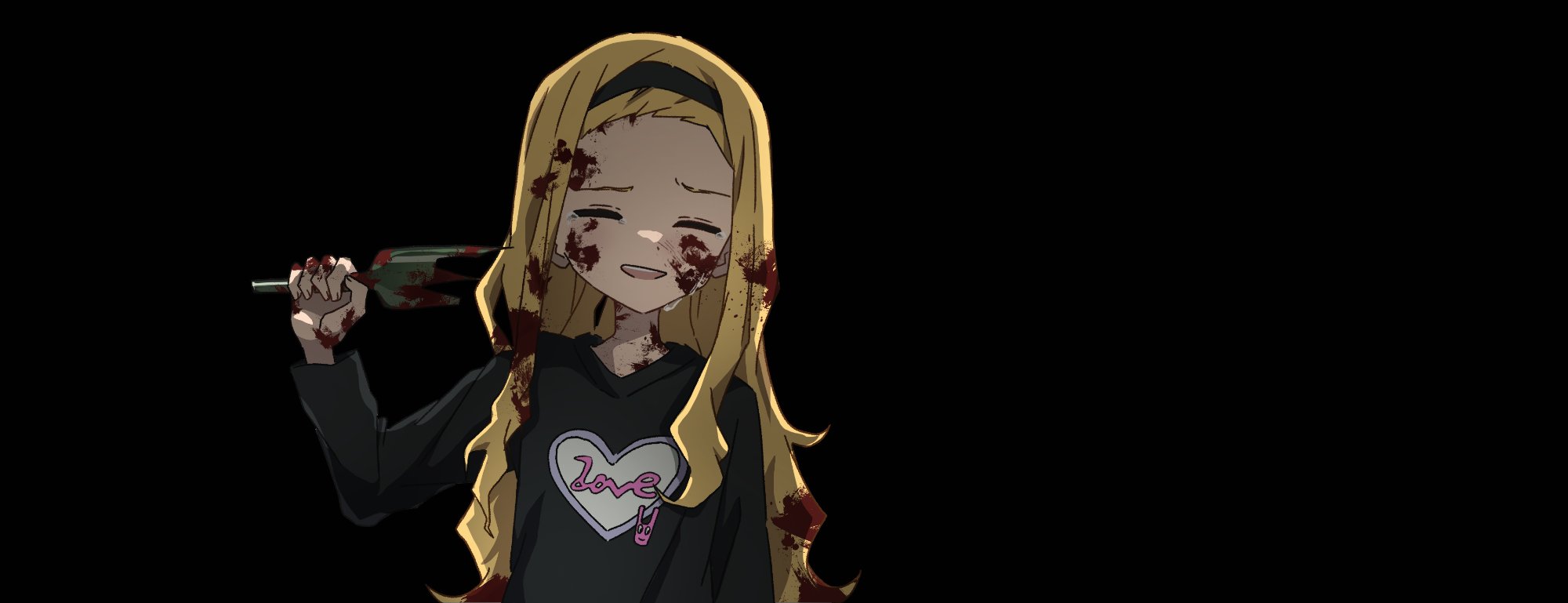 daikon keroi, kirarazaka marina, takopii no genzai, highres, 1girl, black background, blonde hair, blood, blood in hair, blood on face, broken bottle, closed eyes, crying, long hair, shirt, simple background, smile, solo, t-shirt