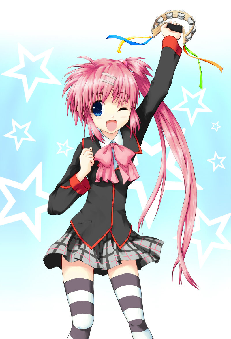 asterisk (asterism), saigusa haruka, little busters!, 1girl, blue eyes, bow, female focus, hair bobbles, hair ornament, hairclip, instrument, long hair, one eye closed, pink bow, pink hair, plaid clothes, plaid skirt, ponytail, purple hair, ribbon, school uniform, side ponytail, skirt, solo, star (symbol), striped clothes, striped thighhighs, tambourine, thighhighs, wink