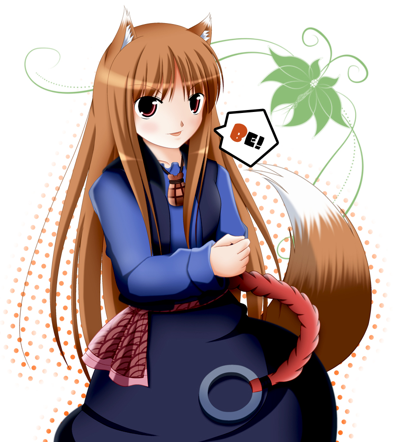 holo, spice and wolf, 00s, :p, animal ears, blush, brown hair, dress, long hair, red eyes, solo, tail, tongue, tongue out, wolf ears, wolf tail