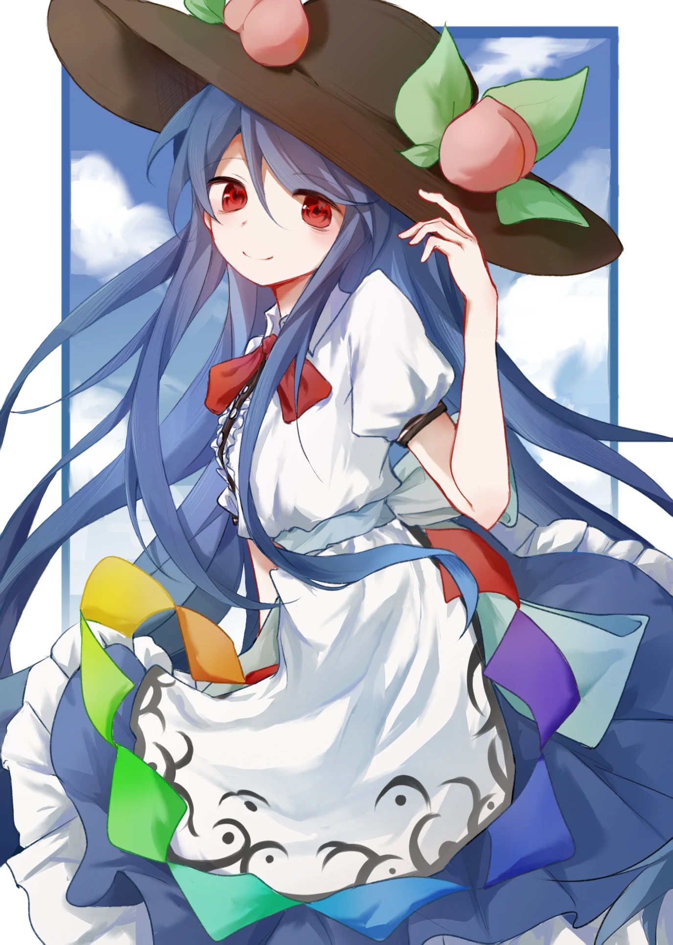 hinanawi tenshi, touhou, highres, 1girl, black hat, blue hair, blush, bow, food, frills, fruit, hat, leaf, long hair, looking at viewer, open mouth, peach, puffy sleeves, red eyes, ribbon, shirt, short sleeves, skirt, smile, solo, tao shi jiu yin, very long hair, white shirt