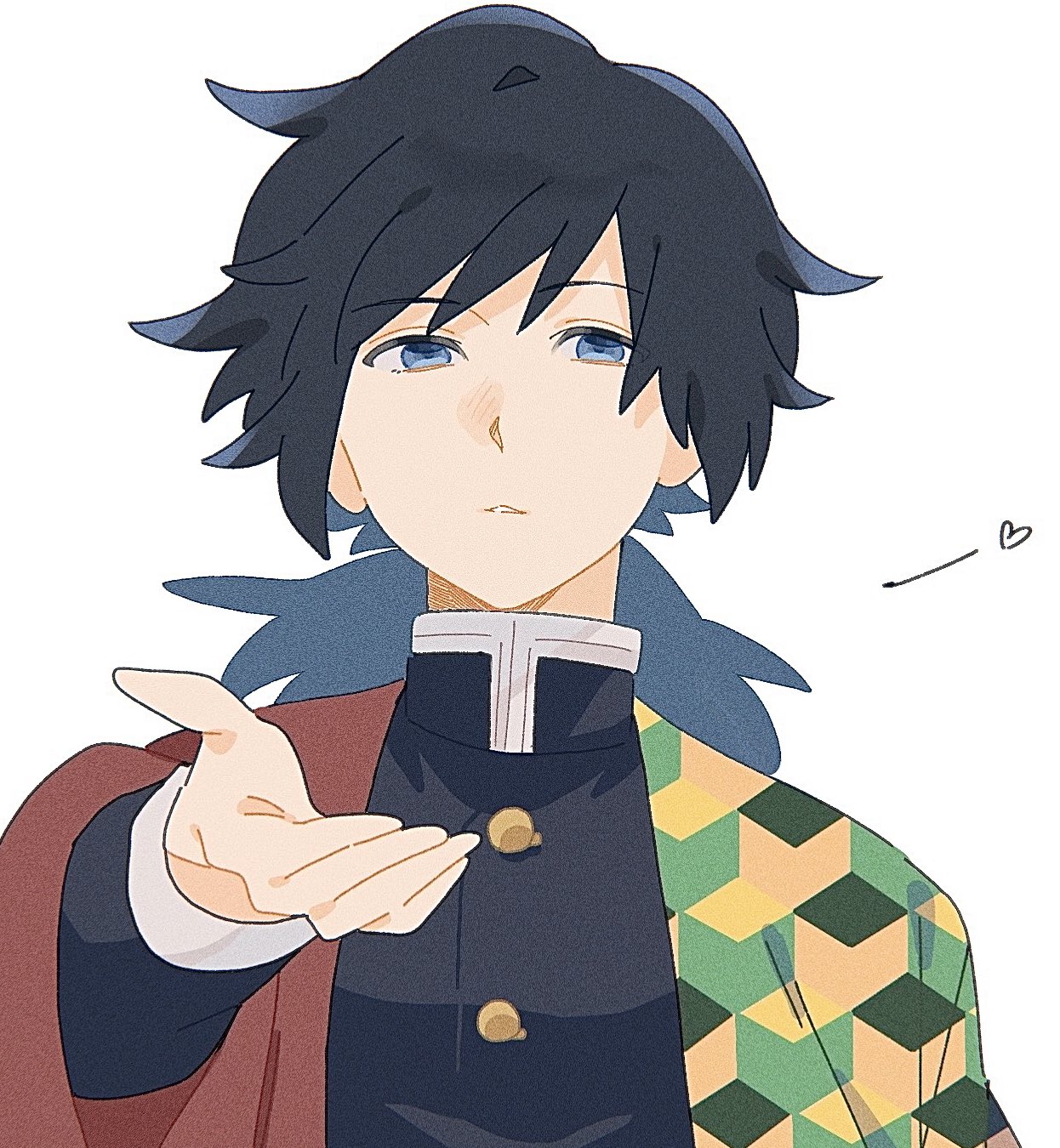 tomioka giyuu, kimetsu no yaiba, highres, 1boy, black hair, black jacket, buttons, demon slayer uniform, gold buttons, hand up, haori, heart, high collar, jacket, japanese clothes, kikkoumon, looking at viewer, low ponytail, male focus, o87 426, parted lips, ponytail, print haori, reaching, reaching towards viewer, red haori, simple background, solo, spiked hair, teeth, white background