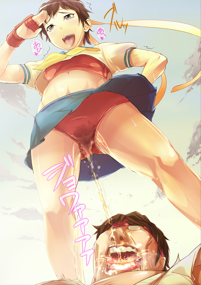 kasugano sakura, ryu (street fighter), capcom, street fighter, 1boy, 1girl, drinking pee, femdom, gloves, golden shower, peeing, peeing self
