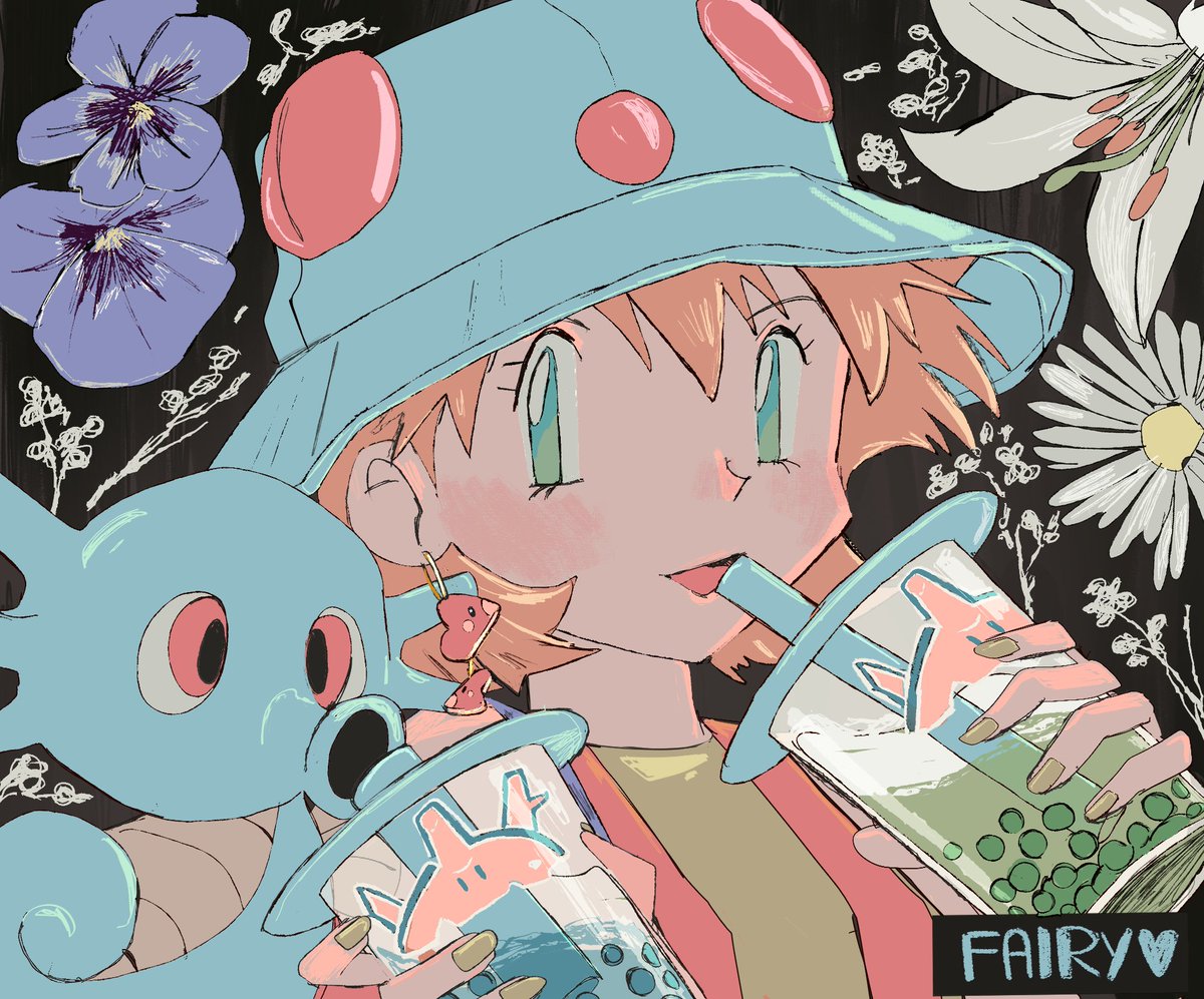 fairybees, corsola, horsea, luvdisc, misty (pokemon), nintendo, pokemon, pokemon (anime), pokemon (classic anime), pokemon rgby, 1girl, :d, black background, blue flower, blush, bubble tea, character name, cup, disposable cup, drink, drinking, drinking straw, drinking straw in mouth, earrings, eyelashes, flower, gen 1 pokemon, gen 2 pokemon, gen 3 pokemon, green eyes, green shirt, hands up, hat, holding, holding cup, holding drink, jacket, jewelry, looking at viewer, nail polish, open clothes, open jacket, open mouth, orange hair, pokemon (creature), purple flower, red eyes, shirt, short hair, sleeveless, smile, upper body, vest, white flower, yellow shirt
