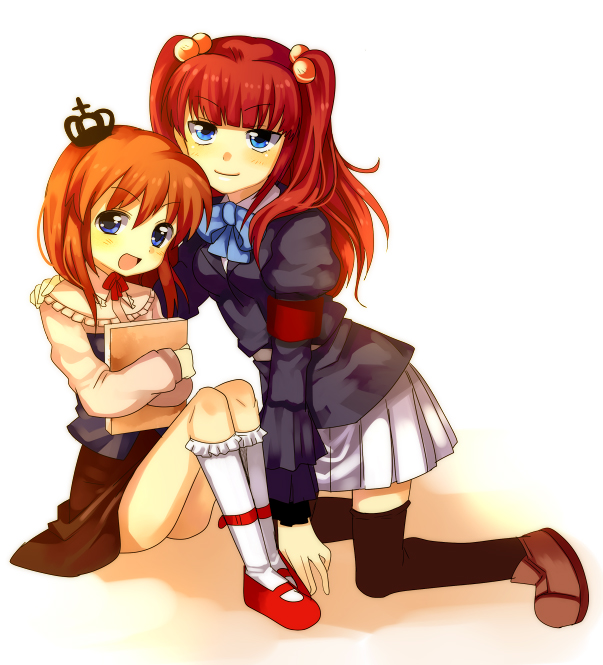 subaru (yachika), ushiromiya ange, ushiromiya maria, umineko no naku koro ni, 00s, 2girls, blue eyes, hair bobbles, hair ornament, multiple girls, orange hair, red hair, school uniform, thighhighs
