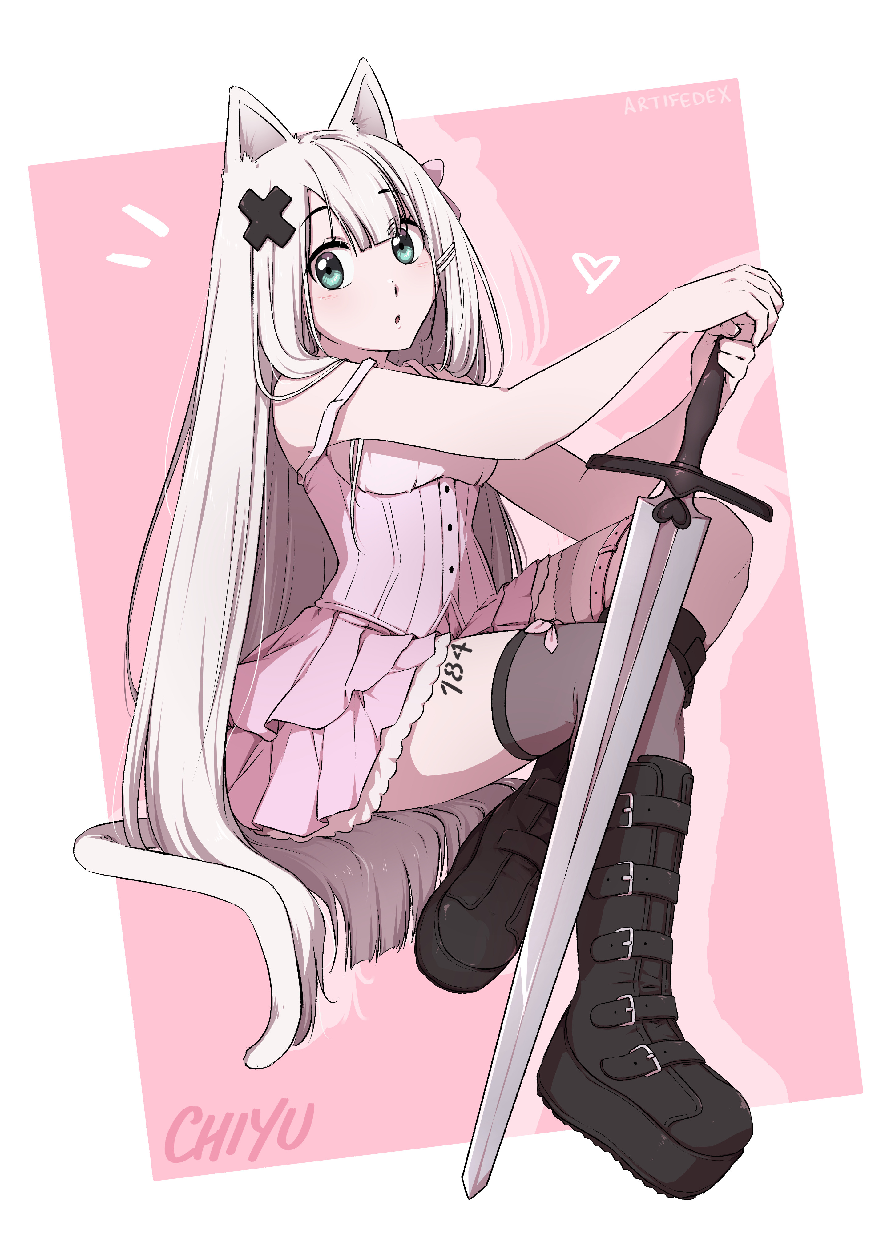 artifedex, original, absurdres, commentary, english commentary, highres, 1girl, animal ears, aqua eyes, boots, borrowed character, breasts, cat ears, cat girl, cat tail, draw this in your style challenge, dress, frilled dress, frills, hair ornament, hairpin, heart, holding, holding sword, holding weapon, invisible chair, knee boots, leg tattoo, long hair, medium breasts, pink dress, platform boots, short dress, signature, single thighhigh, sitting, solo, strap slip, sword, tail, tattoo, thigh strap, thighhighs, underbust, very long hair, weapon, white hair, x hair ornament
