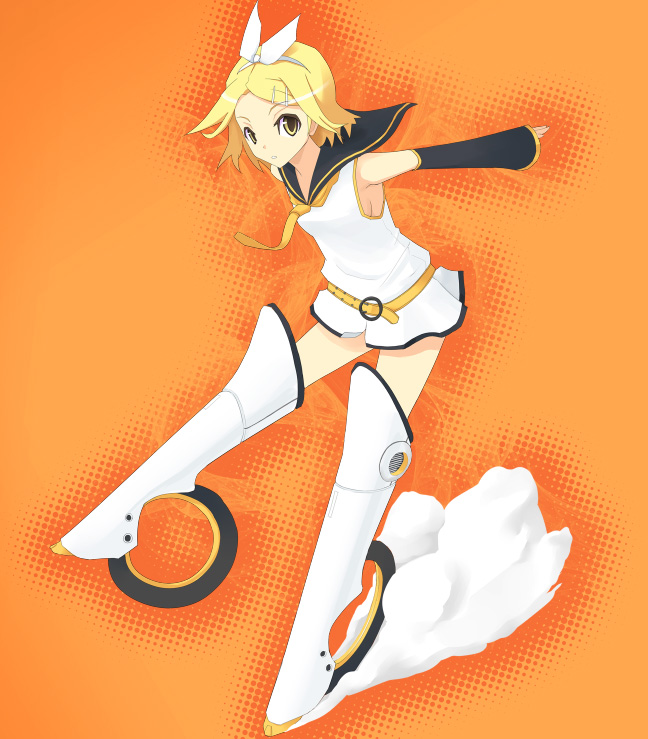 powhu, kagamine rin, strike witches, vocaloid, world witches series, 1girl, blonde hair, bow, detached sleeves, female focus, parody, short hair, solo, striker unit, yellow eyes
