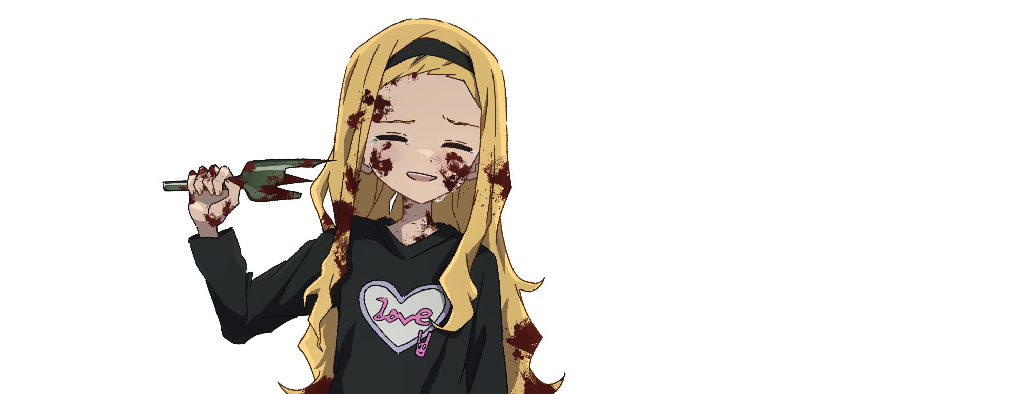 daikon keroi, kirarazaka marina, takopii no genzai, highres, 1girl, blonde hair, blood, blood in hair, blood on face, broken bottle, closed eyes, crying, long hair, shirt, smile, solo, t-shirt