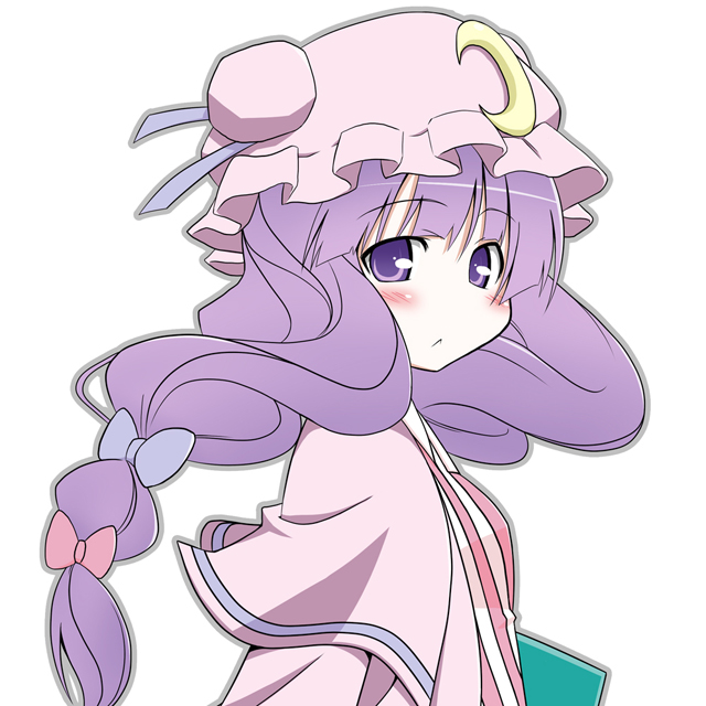 souto, patchouli knowledge, touhou, 1girl, blush, bow, crescent hat ornament, female focus, hat, hat ornament, long hair, pink bow, purple eyes, purple hair, solo