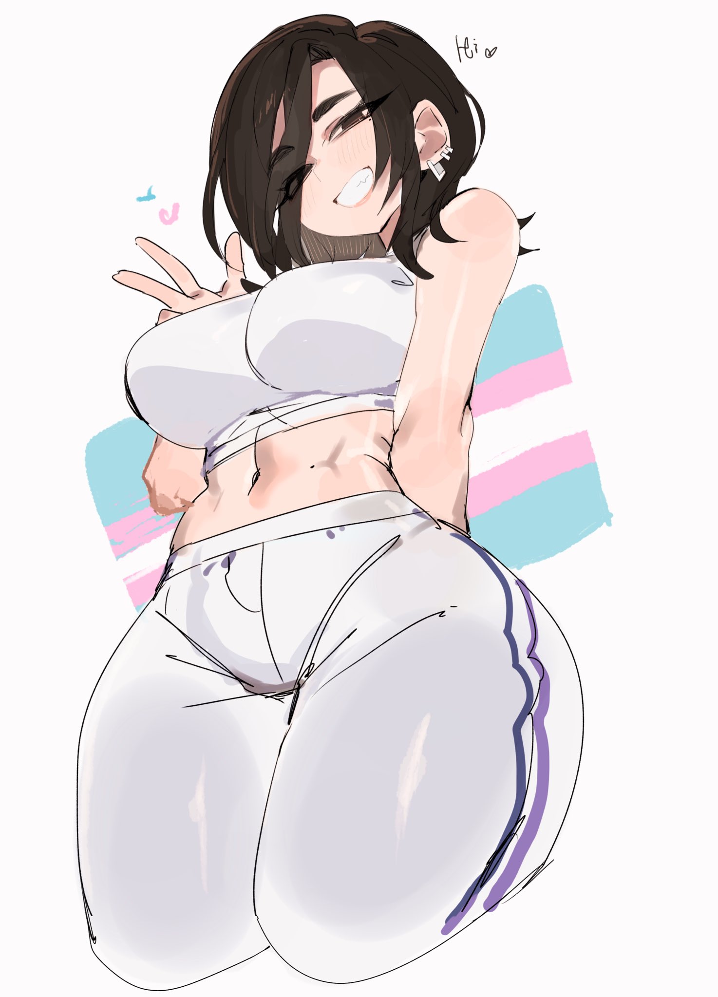usa37107692, original, commentary, commission, highres, 1girl, :d, aria (roresu), arm behind back, bare arms, bare shoulders, breasts, brown eyes, brown hair, crop top, cropped legs, cropped shirt, double vertical stripe, ear piercing, from below, grin, hair over one eye, hand up, heart, large breasts, looking at viewer, medium hair, midriff, navel, one eye covered, open mouth, pants, piercing, shirt, simple background, sleeveless, sleeveless shirt, smile, solo, standing, thick thighs, thighs, transgender flag, w, white background, white pants, white shirt