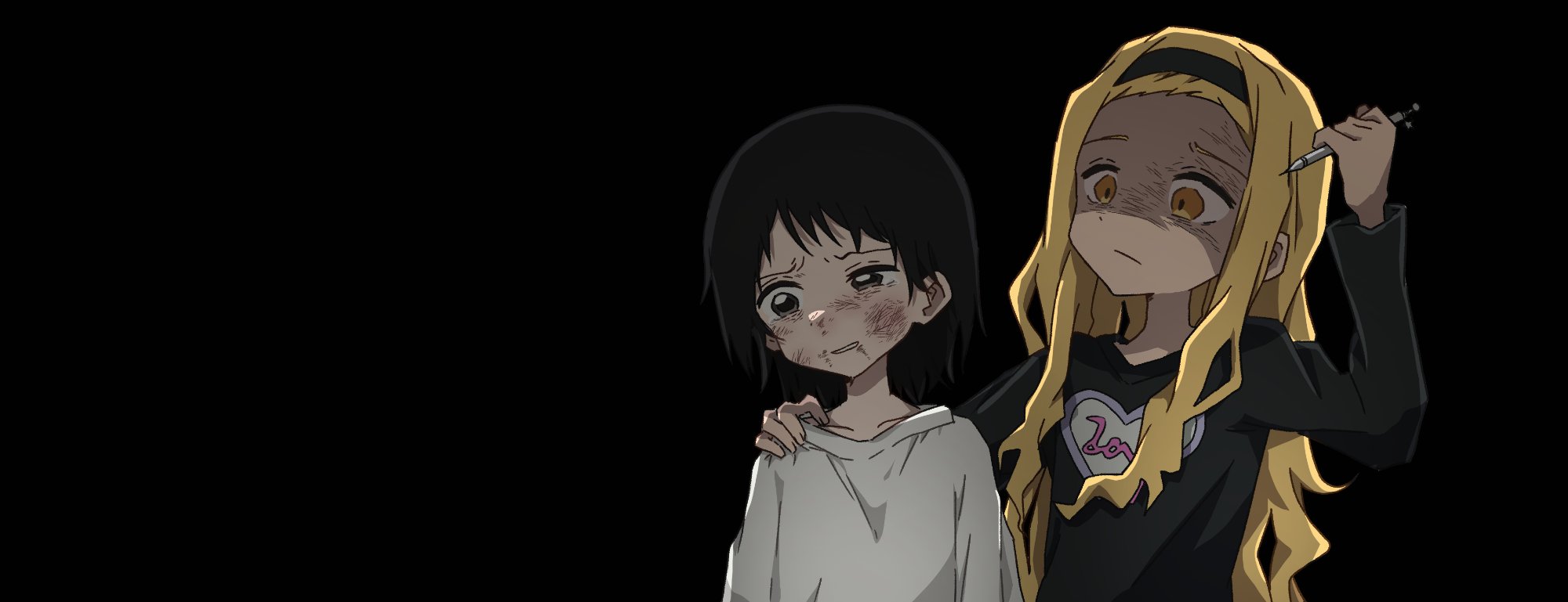 daikon keroi, kirarazaka marina, kuze shizuka, takopii no genzai, highres, 2girls, black background, black eyes, black hair, blonde hair, blood, blood in hair, blood on face, broken bottle, bruise, crying, injury, long hair, multiple girls, shirt, simple background, t-shirt, yellow eyes