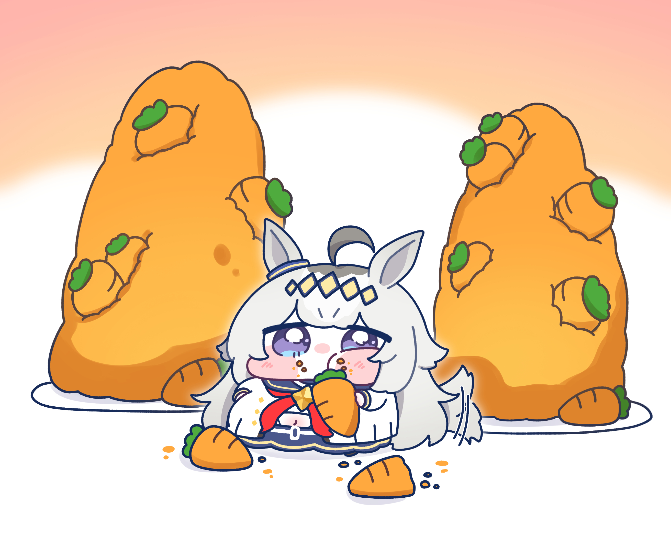 yananang, oguri cap (starlight beat) (umamusume), oguri cap (umamusume), umamusume, umamusume: cinderella gray, highres, ahoge, animal ears, blue sailor collar, blue skirt, bow, brooch, diamond hairband, ear bow, ear ornament, glutton, grey hair, grey tail, horse ears, horse girl, horse tail, jewelry, neckerchief, red neckerchief, sailor collar, skirt, star brooch, tail