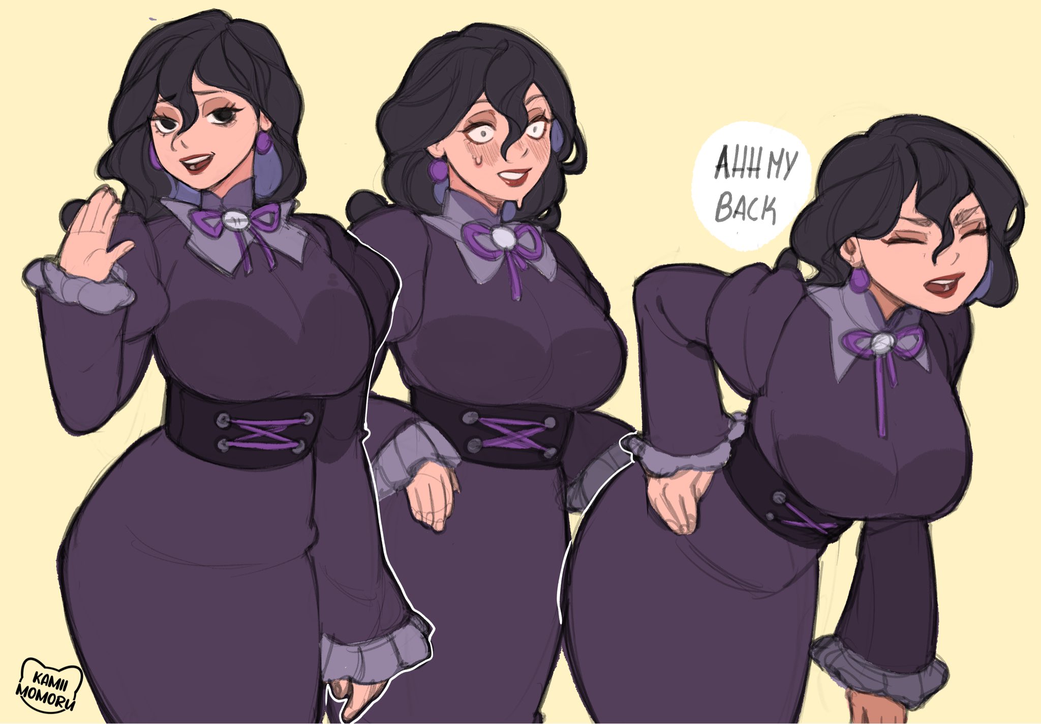 kamii momoru, hex maniac (pokemon), hex maniac (pokemon legends: z-a), nintendo, pokemon, pokemon legends: z-a, highres, 1girl, alternate breast size (larger), back pain, bags under eyes, black corset, black dress, black eyes, black hair, breasts, closed eyes, corset, dress, earrings, hair between eyes, jewelry, juliet sleeves, large breasts, long hair, long sleeves, looking at viewer, neck ribbon, open mouth, puffy sleeves, purple ribbon, ribbon, simple background, smile, sweatdrop, teeth
