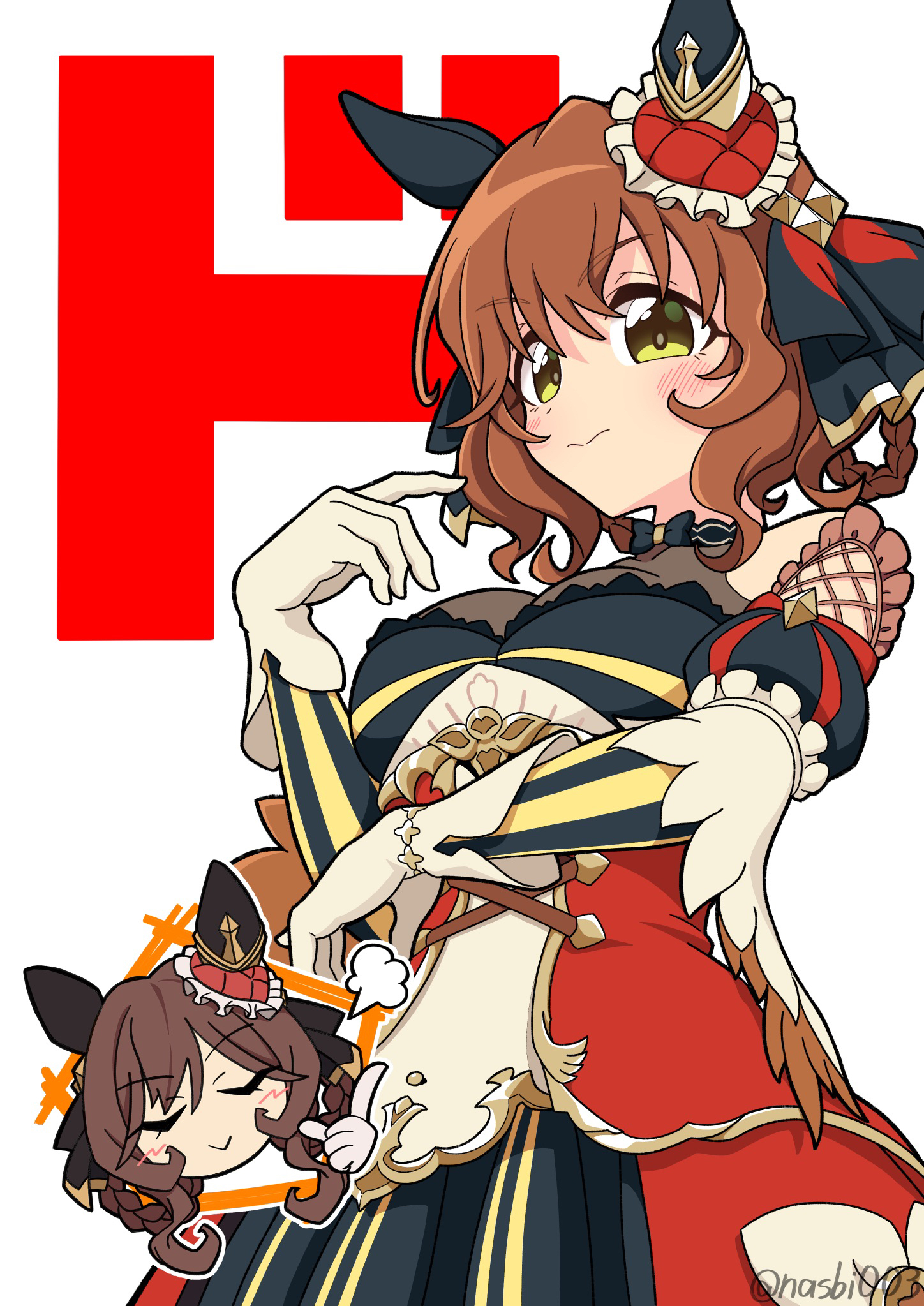 genzo nasu, aston machan (umamusume), gentildonna (regina dei fiori) (umamusume), gentildonna (umamusume), umamusume, highres, 2girls, animal ears, black dress, blush, braid, braided hair rings, breasts, brown hair, closed eyes, closed mouth, corset, cosplay, detached sleeves, dress, ear covers, ear ornament, gentildonna (umamusume) (cosplay), gloves, green eyes, hair between eyes, hair ornament, hair rings, heart-shaped ornament, heart ear ornament, horse ears, horse girl, long sleeves, medium hair, multiple girls, red corset, see-through cleavage, see-through clothes, smile, white gloves