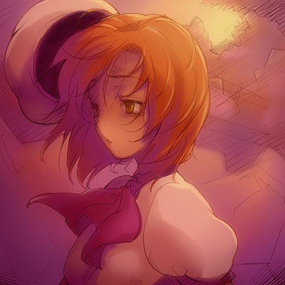hairu, ryuuguu rena, higurashi no naku koro ni, lowres, 00s, brown eyes, hat, orange hair, ribbon, solo, sunset