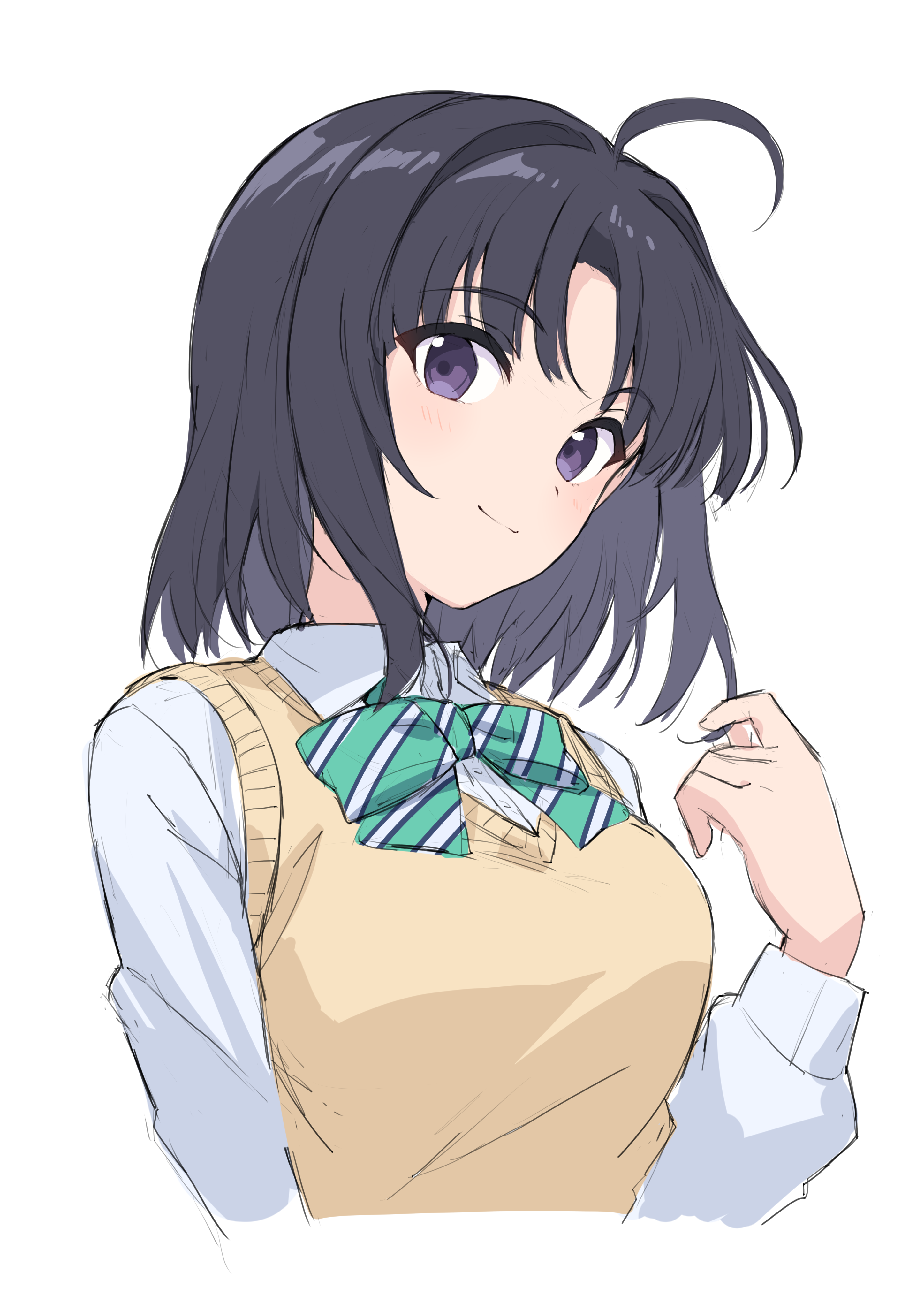 yanagi marie, awa subaru, girls band cry, absurdres, highres, 1girl, ahoge, black hair, bow, bowtie, brown sweater vest, diagonal-striped bow, diagonal-striped bowtie, diagonal-striped clothes, green bow, looking at viewer, purple eyes, school uniform, shirt, short hair, solo, striped bow, striped bowtie, striped clothes, sweater vest, white shirt