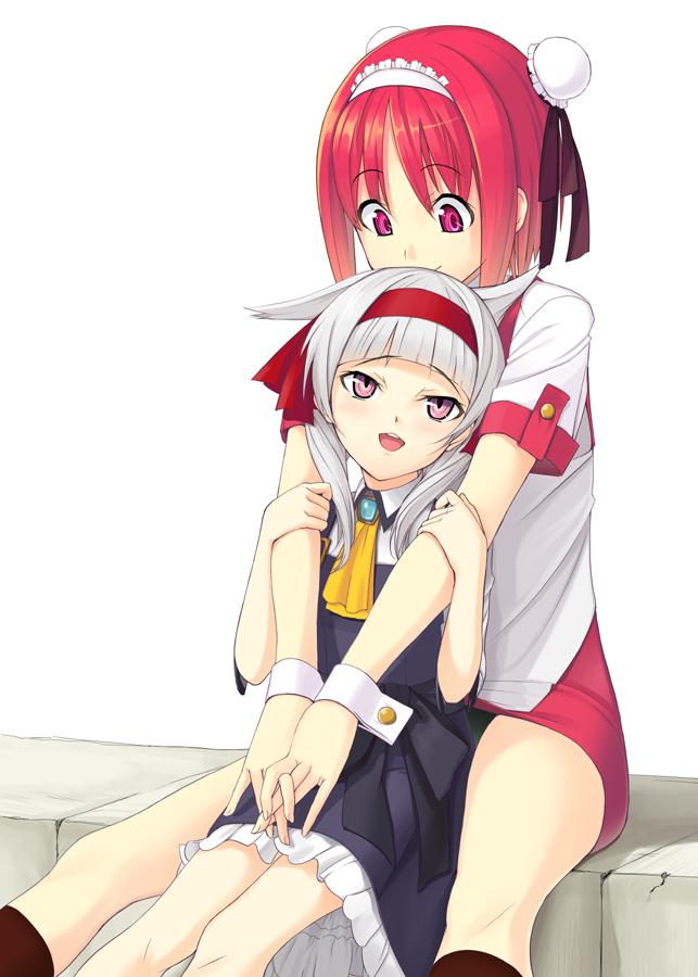 gin (ginshari), bienetta, takeguchi nonomi, original, silver hair, 2girls, bun cover, double bun, gin (ginshari) , hairband, hug, multiple girls, pink eyes, red eyes, red hair