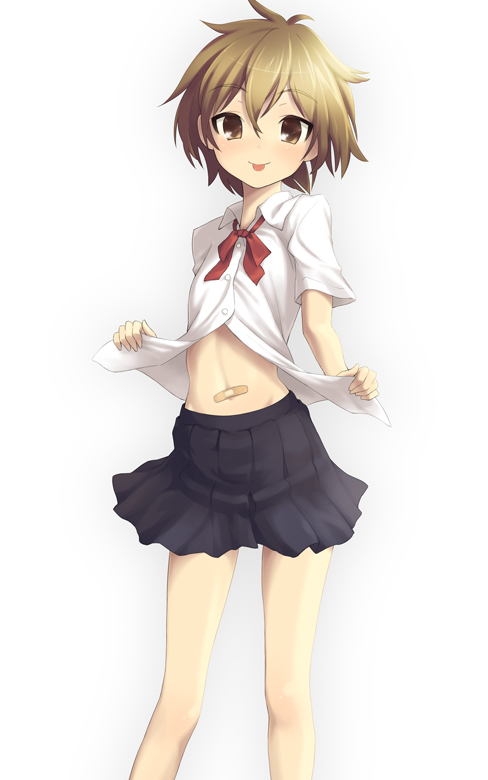 oryo (oryo04), original, 1girl, :p, bandaid, black skirt, brown eyes, brown hair, collared shirt, female focus, looking at viewer, midriff, neck ribbon, pleated skirt, ribbon, school uniform, shirt, short hair, short sleeves, skirt, solo, tongue, tongue out, unbuttoned, wing collar