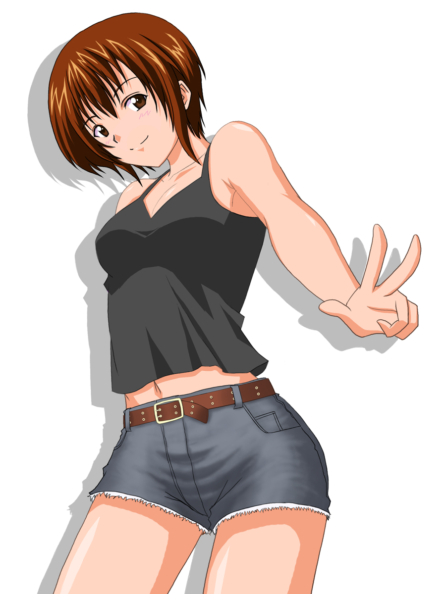 k5, original, highres, brown eyes, brown hair, midriff, navel, short hair, shorts, solo, v
