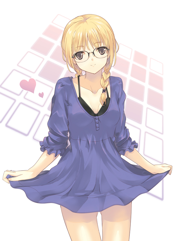 dasoku sentarou, original, 1girl, blonde hair, braid, dress, female focus, glasses, hair over shoulder, heart, solo, twin braids