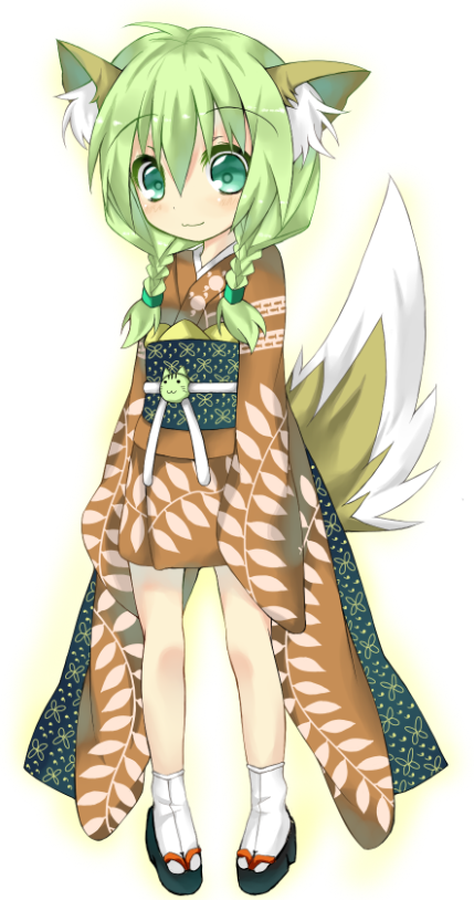 shingetsu takehito, saitou kon, original, animal ears, braid, fox ears, fox tail, green hair, japanese clothes, kimono, solo, tail