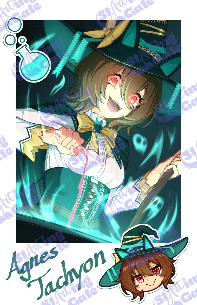 mouhantain, agnes tachyon (umamusume), umamusume, umamusume: beginning of a new era, ahoge, animal ears, bow, chemical structure, ear ornament, earrings, hat, holding, holding test tube, horse ears, horse girl, horse tail, huge ahoge, jewelry, single earring, skirt, tail, test tube, witch, witch hat, wolf cut