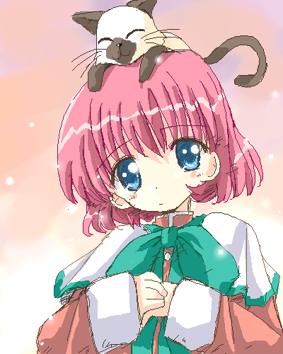 amano mishio, piro, kanon, lowres, 1girl, animal, animal on head, blue eyes, cat, cat on head, female focus, oekaki, on head, red hair, school uniform, short hair, solo