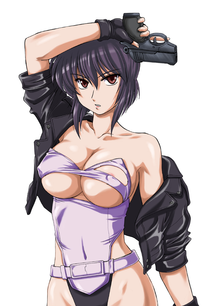 wan'yan aguda, kusanagi motoko, ghost in the shell, ghost in the shell: stand alone complex, 00s, 1girl, bare shoulders, belt, breasts, cleavage, covered erect nipples, female focus, fingerless gloves, gloves, gun, highleg, highleg leotard, jacket, large breasts, leotard, off shoulder, purple hair, red eyes, short hair, solo, torn clothes, underboob, weapon