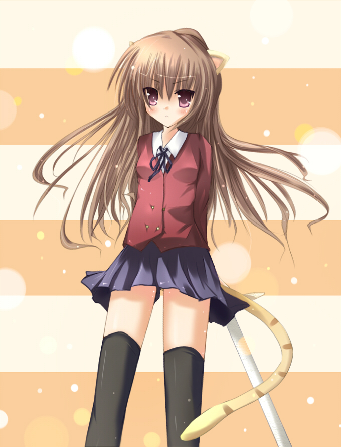 mikuri yoru, aisaka taiga, toradora!, 00s, animal ears, brown hair, long hair, pink eyes, school uniform, solo, sword, tail, thighhighs, tiger ears, tiger tail, weapon