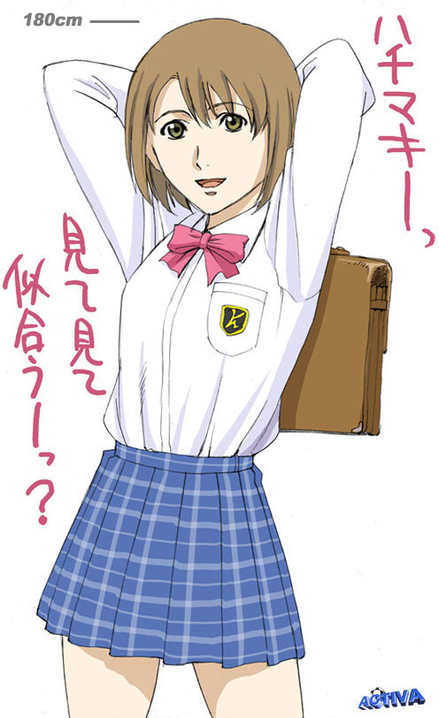 moriya naoki, nono (planetes), planetes, long image, tall image, translated, 1girl, :d, arms behind head, arms up, artist name, bag, black eyes, blue skirt, bow, brown hair, dress shirt, female focus, hair between eyes, holding, light smile, looking at viewer, open mouth, plaid clothes, plaid skirt, pleated skirt, pov, school bag, school uniform, shade, shirt, short hair, simple background, skirt, smile, solo, standing, text focus, thigh gap, thighs, watermark, white background, white shirt