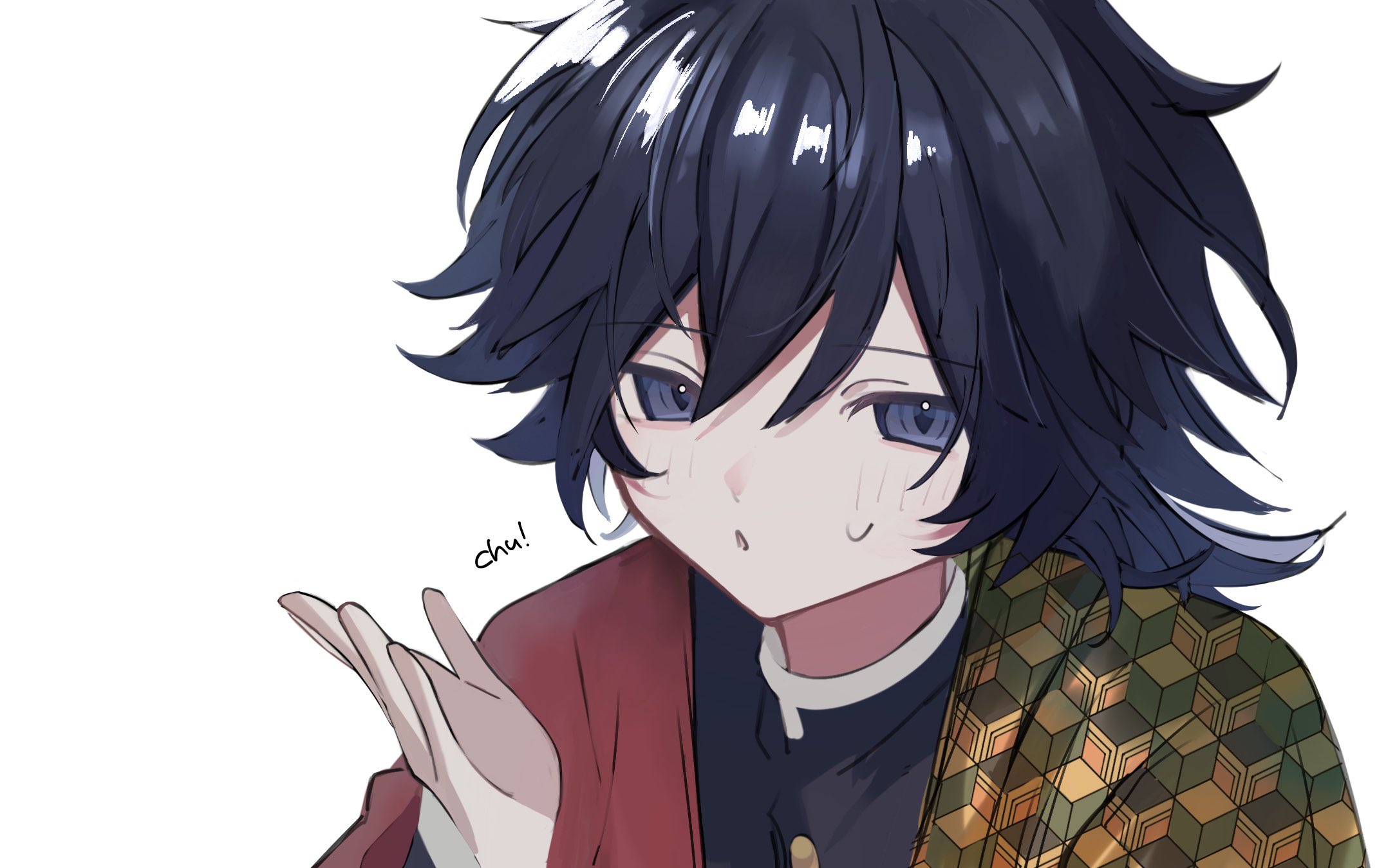 tomioka giyuu, kimetsu no yaiba, highres, 0x0 co, 1boy, black hair, black jacket, blowing kiss, blue eyes, buttons, demon slayer uniform, gold buttons, hand up, haori, high collar, jacket, japanese clothes, kikkoumon, looking at viewer, low ponytail, male focus, parted lips, ponytail, print haori, red haori, simple background, solo, spiked hair, sweatdrop, upper body, white background
