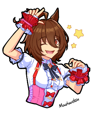 mouhantain, agnes tachyon (umamusume), smart falcon (love 4ever) (umamusume), smart falcon (umamusume), umamusume, commentary, english commentary, lowres, 1girl, ahoge, animal ears, argyle bow, bow, brown hair, center frills, cosplay, frills, hair between eyes, horse ears, horse girl, huge ahoge, looking at viewer, medium hair, pink skirt, puffy short sleeves, puffy sleeves, purple bow, red eyes, shirt, short sleeves, skirt, smart falcon (umamusume) (cosplay), smile, solo, suspender skirt, suspenders, wolf cut, wrist cuffs