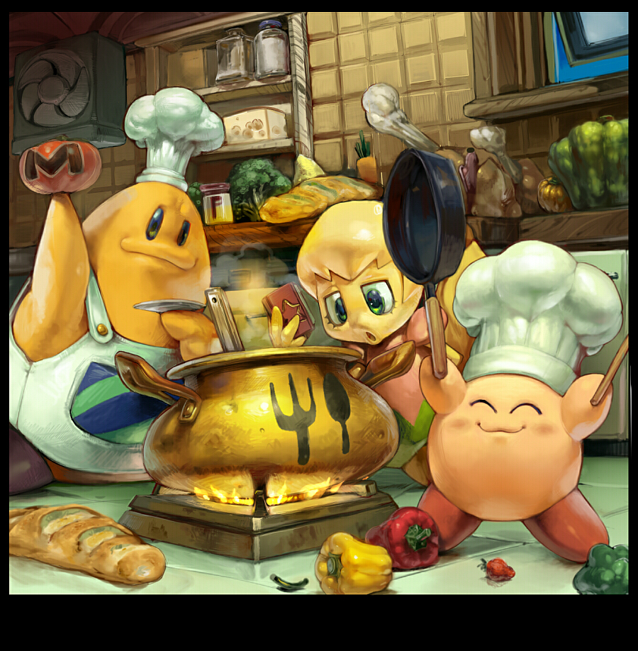 koki (ryoushikiha), chef kawasaki, cook kirby, fumu, fumu (kirby), kirby, kirby: right back at ya!, kirby (series), nintendo, super smash bros., 1girl, ^ ^, bell pepper, chef, chef hat, closed eyes, cooking, copy ability, food, green bell pepper, hat, maxim tomato