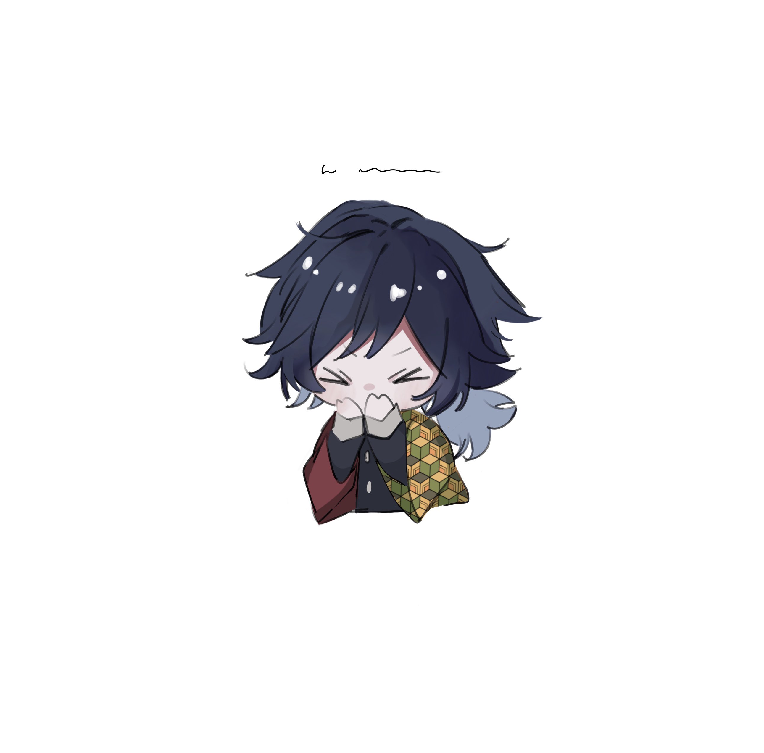 tomioka giyuu, kimetsu no yaiba, absurdres, highres, > <, 0x0 co, 1boy, black hair, black jacket, buttons, chibi, chibi only, closed eyes, covering own mouth, cropped torso, demon slayer uniform, hands up, haori, high collar, jacket, japanese clothes, kikkoumon, low ponytail, male focus, ponytail, print haori, red haori, simple background, solo, spiked hair, upper body, white background