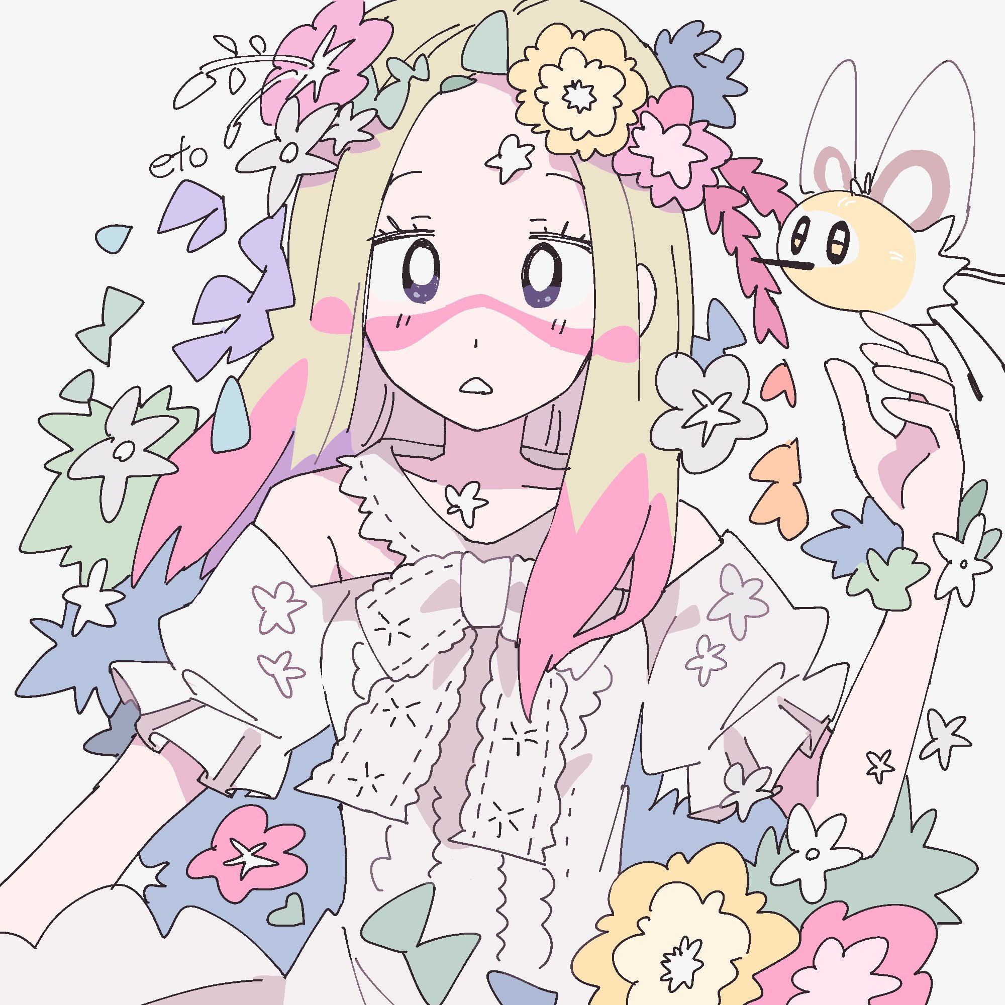 remoooon, cutiefly, mina (pokemon), nintendo, pokemon, pokemon sm, highres, 1girl, alternate costume, blonde hair, bow, bright pupils, dress, facepaint, flower, flower wreath, flying, gen 7 pokemon, insect wings, long hair, looking at viewer, off-shoulder dress, off shoulder, paint in hair, paint splatter, paint splatter on face, pink flower, pokemon (creature), purple eyes, simple background, upper body, white background, white bow, white dress, white pupils, wings, yellow flower