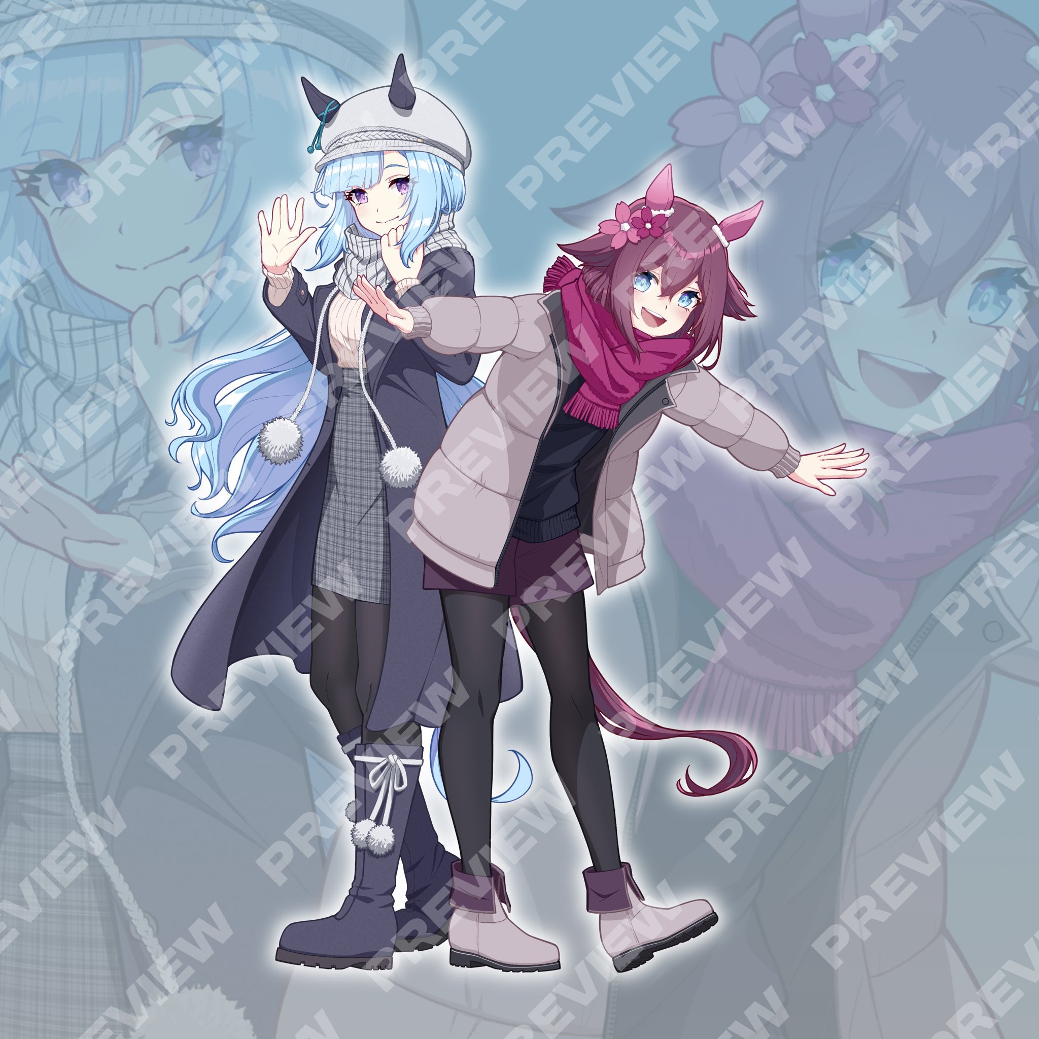 mouhantain, mejiro ardan (umamusume), sakura chiyono o (umamusume), umamusume, umamusume: cinderella gray, highres, animal ears, black pantyhose, blue eyes, blue hair, blush, bow, braid, breasts, brown hair, ear bow, ear covers, ear ornament, ear ribbon, flower, hair between eyes, hair flaps, hair flower, hair ornament, horse ears, horse girl, horse tail, looking at viewer, medium breasts, medium hair, multiple girls, open mouth, pantyhose, pink hair, pinwheel hair ornament, purple eyes, smile, tail