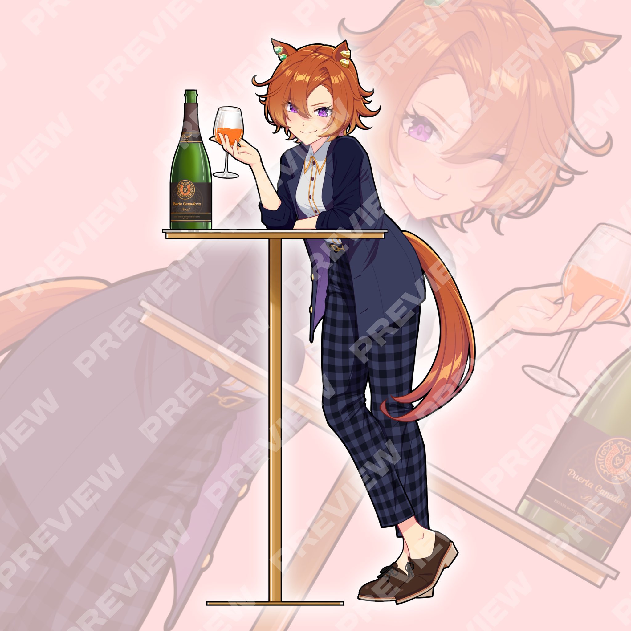 mouhantain, t.m. opera o (casual) (umamusume), t.m. opera o (umamusume), umamusume, umamusume: beginning of a new era, umamusume: road to the top, highres, 1girl, ahoge, animal ears, breasts, brown hair, crown, ear ornament, ear piercing, hair between eyes, horse ears, horse girl, horse tail, long sleeves, looking at viewer, open mouth, orange hair, orange tail, piercing, purple eyes, shirt, short hair, smile, solo, tail