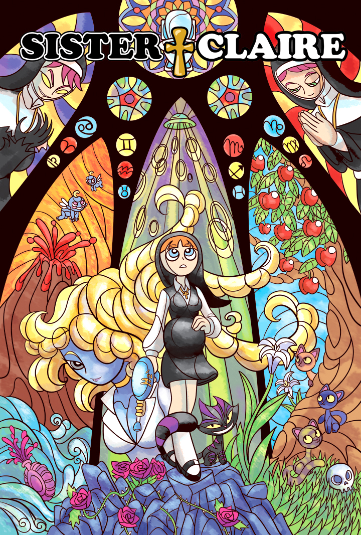 yamino, gabrielle (sister claire), sister claire (yamino), 4girls, angel, angel wings, apple, blonde hair, blue eyes, blue skin, cat, choker, colored skin, cross, dual persona, flower, food, fruit, green eyes, grey eyes, jewelry, multiple girls, necklace, nun, orange hair, pink hair, praying, pregnant, rose, skull, smile, stained glass, toilet, tree, volcano, water, water gun, wings, yellow eyes, zodiac