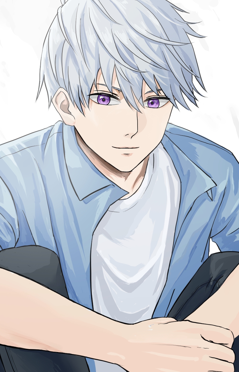 hidede34558526, ichikawa reno, kaijuu no. 8, highres, 1boy, black pants, blue shirt, closed mouth, looking at viewer, male focus, open clothes, open shirt, own hands together, pants, purple eyes, shirt, short hair, simple background, sitting, smile, solo, white background, white hair, white shirt