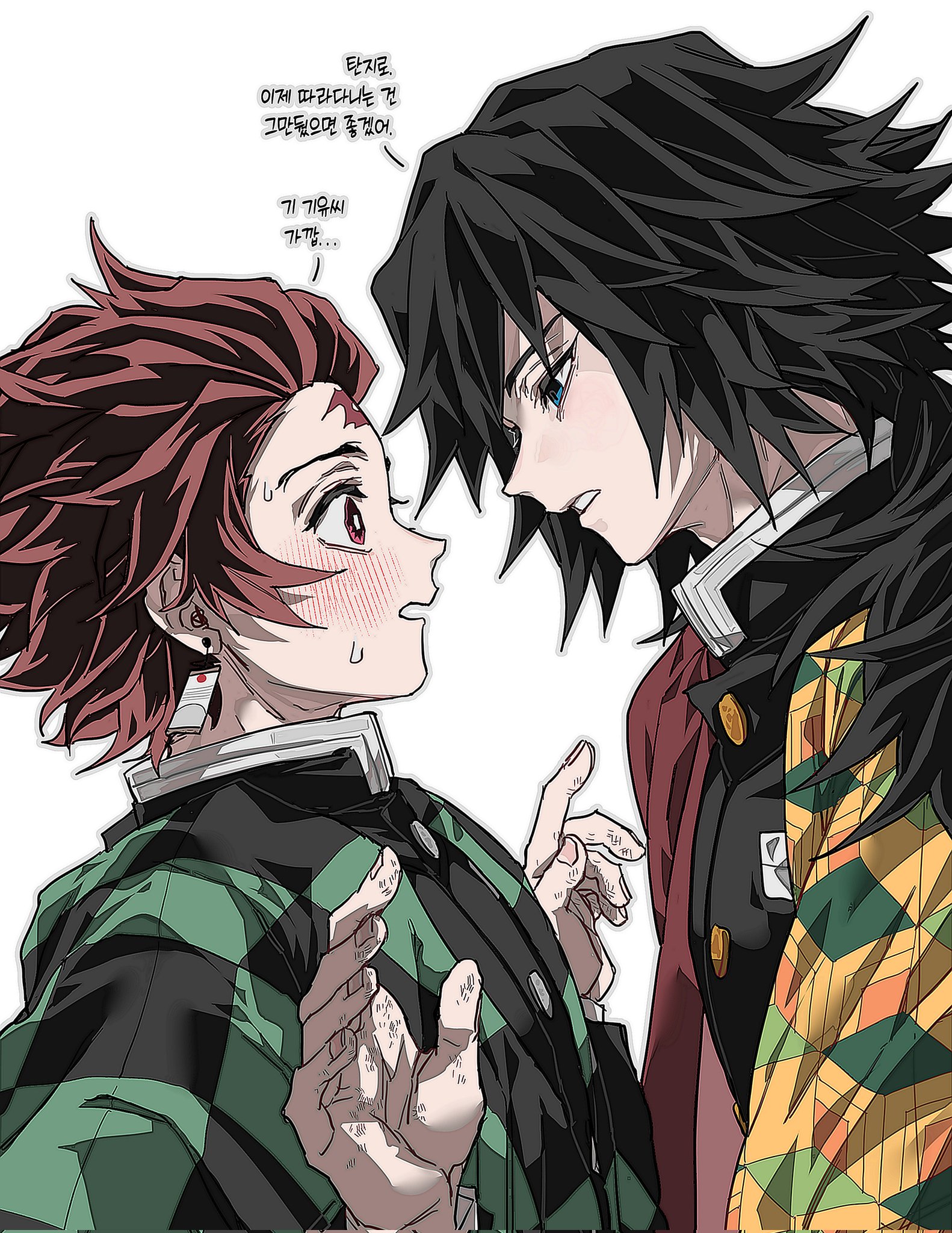 t a n jr, tomioka giyuu, kimetsu no yaiba, highres, translation request, 2boys, black hair, black jacket, blue eyes, blush, bright pupils, brown eyes, brown hair, buttons, checkered haori, demon slayer uniform, earrings, gold buttons, hanafuda, hanafuda earrings, hands up, haori, high collar, jacket, japanese clothes, jewelry, kikkoumon, korean text, looking at another, low ponytail, male focus, multiple boys, parted lips, ponytail, print haori, profile, red haori, short hair, spiked hair, sweat, teeth, upper body, white pupils, yaoi