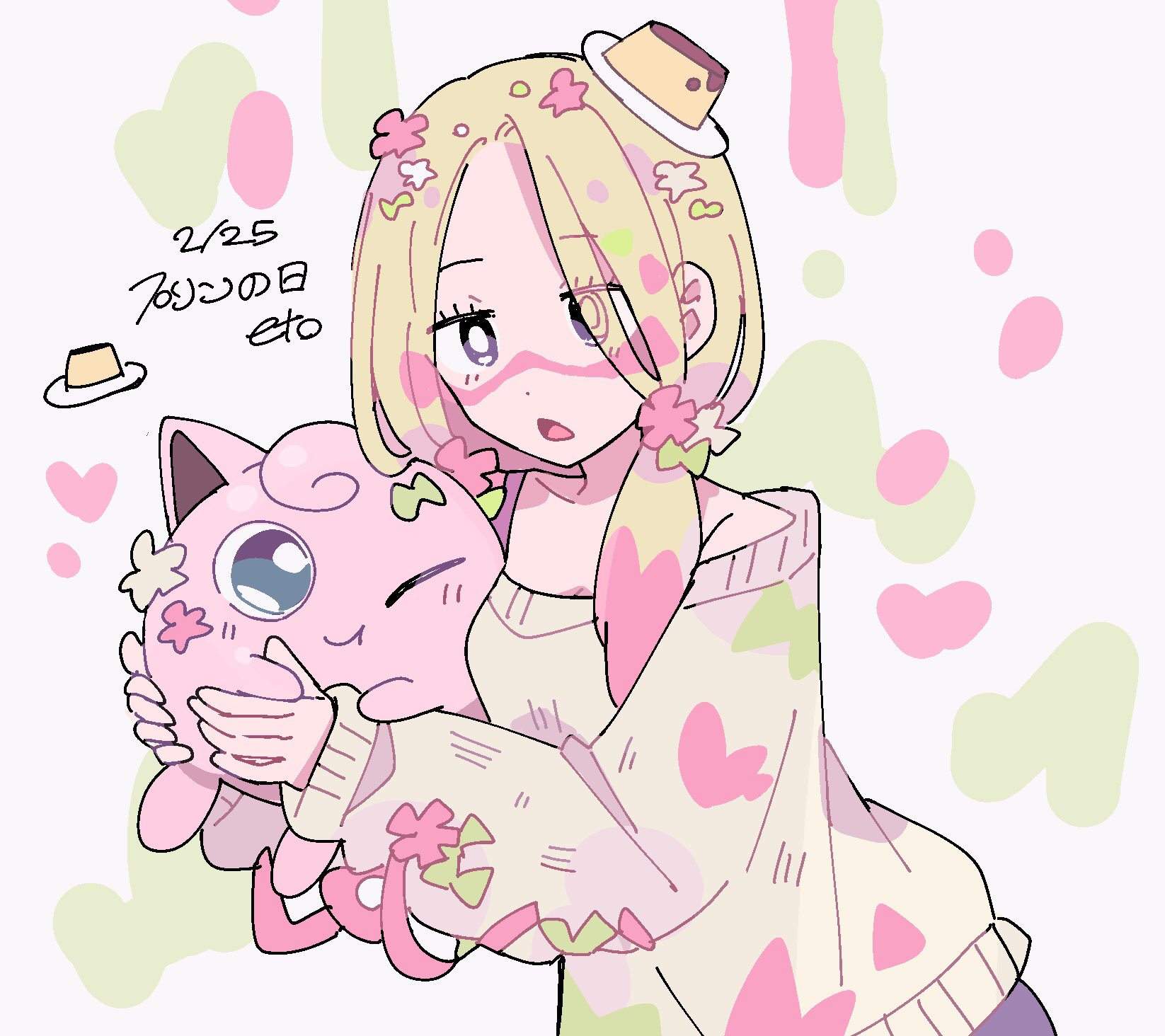 remoooon, jigglypuff, mina (pokemon), nintendo, pokemon, pokemon sm, highres, 1girl, blonde hair, blue eyes, bow, bright pupils, dated, facepaint, flower, gen 1 pokemon, green bow, hair flower, hair ornament, holding, holding pokemon, long hair, looking at another, low twintails, off-shoulder shirt, off shoulder, one eye closed, open mouth, paint in hair, paint on clothes, paint splatter, paint splatter on face, paint stains, pink flower, pokemon (creature), pudding hair ornament, purple eyes, shirt, simple background, sweater, twintails, white background, white pupils, white sweater
