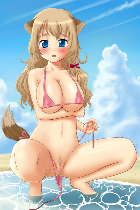 segirl, breast hold, 1girl, animal ears, beach, bikini, blue eyes, blush, braid, breasts, brown hair, censored, cloud, covered erect nipples, day, female focus, female pubic hair, huge breasts, micro bikini, outdoors, pink bikini, pubic hair, pussy, pussy juice, side-tie bikini bottom, sky, solo, swimsuit, tail, water