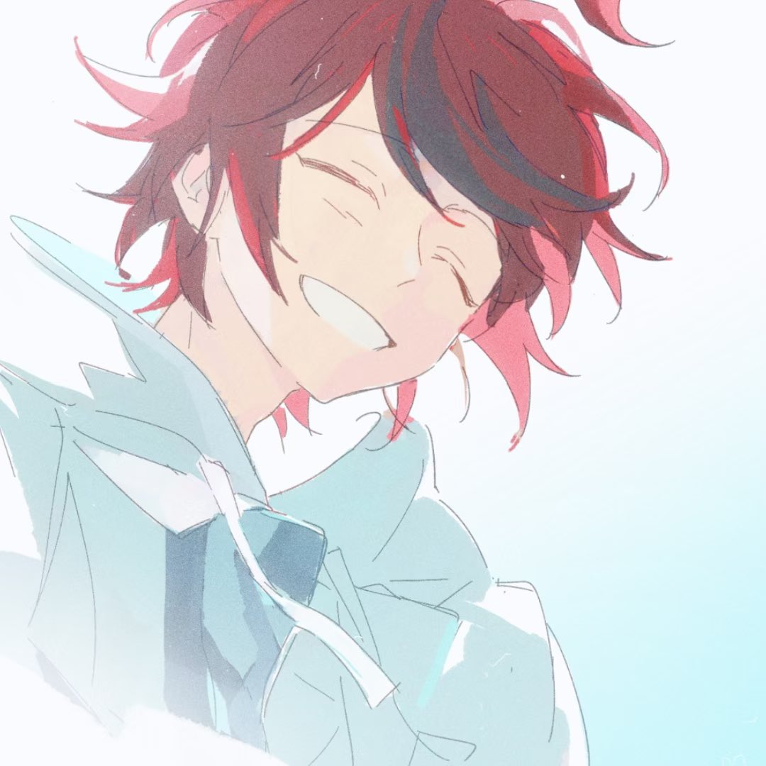 okitsunene, sumino takumi, the hundred line -last defense academy-, commentary request, 1boy, black hair, blue background, closed eyes, drawstring, film grain, grin, hood, hood down, hoodie, jacket, jacket over hoodie, male focus, multicolored hair, open clothes, open jacket, red hair, short hair, smile, solo, streaked hair, two-tone hair, upper body, white hoodie