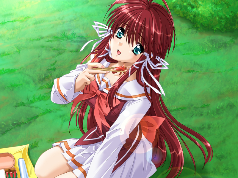 kinmedai pink, chiyotani yuka, megami taisen, game cg, non-web source, 1girl, chopsticks, female focus, food, food art, grass, green eyes, long hair, picnic, red hair, school uniform, solo, tako-san wiener
