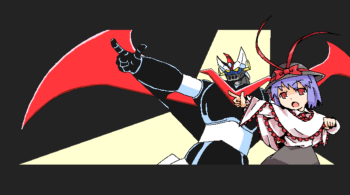 takujin, great mazinger (robot), nagae iku, great mazinger, mazinger (series), touhou, 1970s (style), 1girl, bow, crossover, hat, mecha, oldschool, pointing, purple hair, red eyes, retro artstyle, robot, super robot, wings